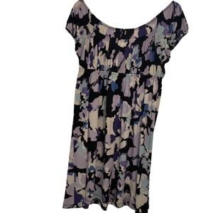AB Studio Purple Floral Print Dress NWOT Smocked Neckline Casual Short Sleeve XL